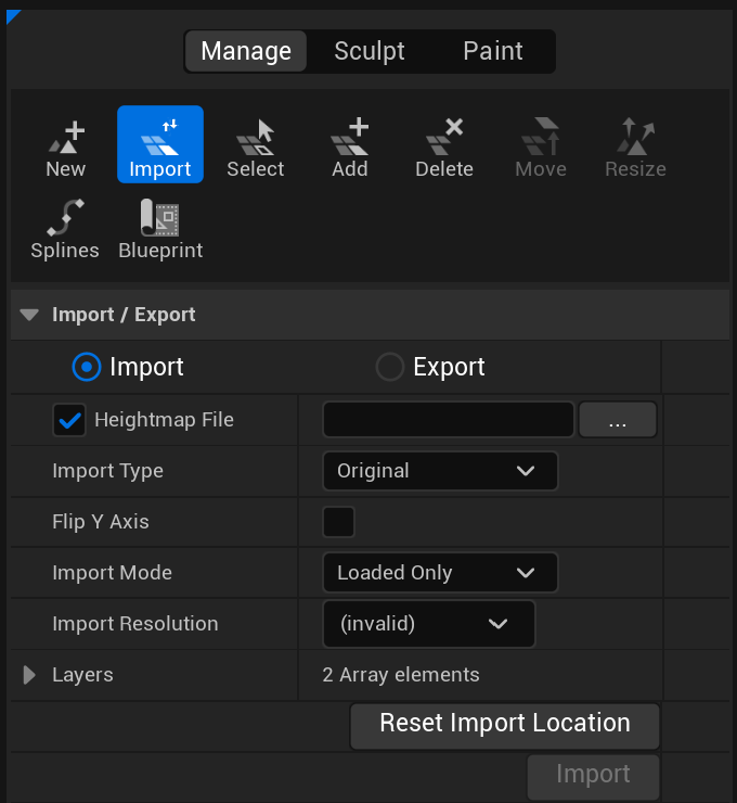 Manage → Import, option Heightmap File