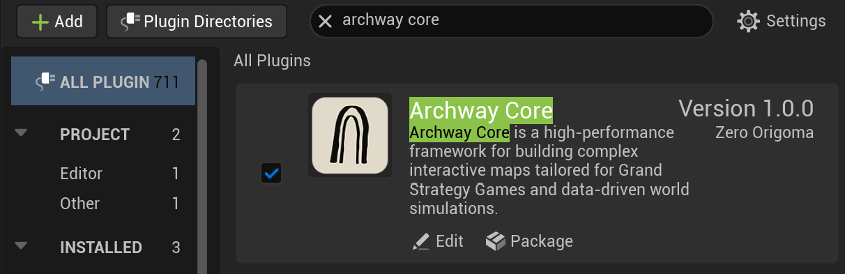 Edit → Plugins, recherche « Archway Core »