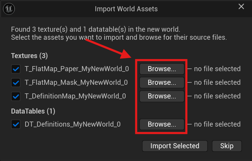 La fenêtre Import World Assets