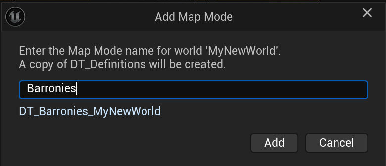 Add Map Mode — le nom de la DataTable générée s'affiche sous le champ